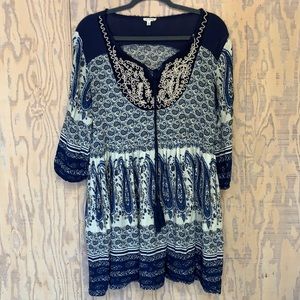 En Creme Anthro Embroidered Boho Blue Paisley Festival Tunic Dress L